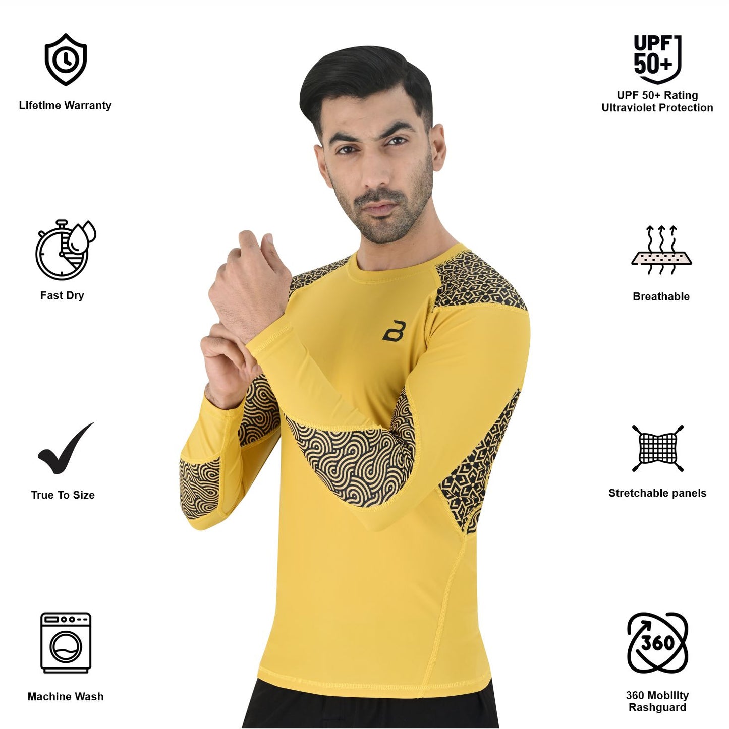 2BOLD Men’s Yellow Long Sleeve BJJ Rash Guard Swim Shirt
