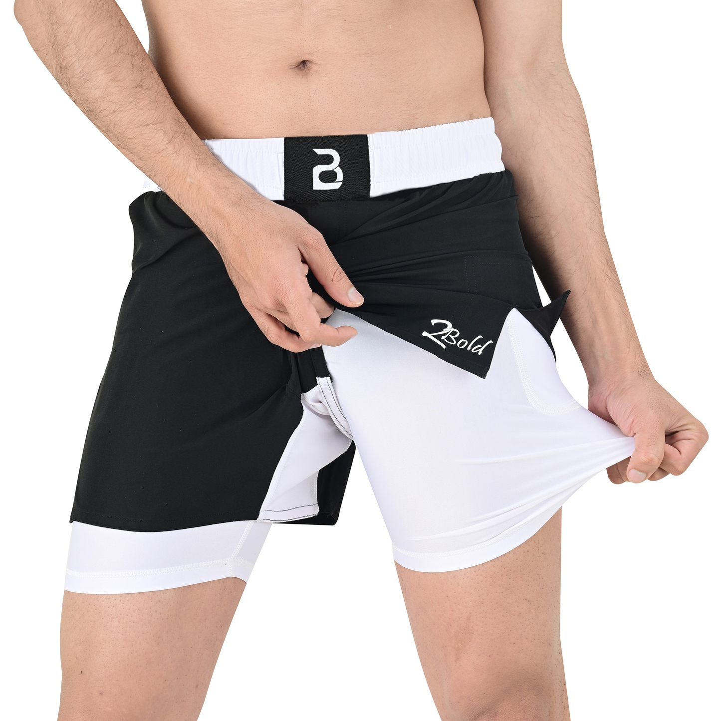 2BOLD Men’s White Black Compression Lined Workout Shorts – MMA, Gym, Running