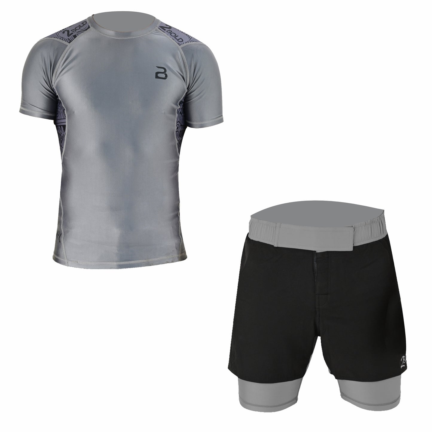 2Bold Men’s Grey BJJ Rash Guard and MMA Shorts Set – Jiujitsu, Grappling, Kickboxing Training Gear