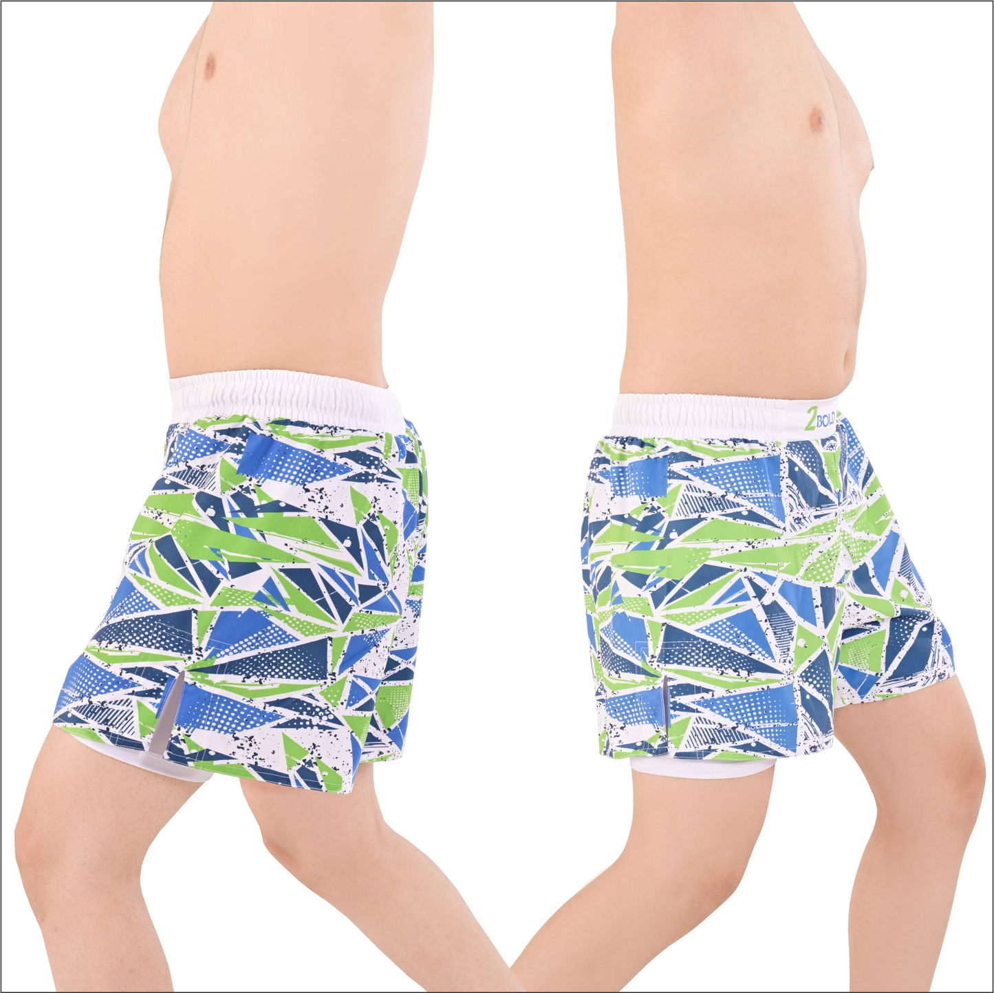 2BOLD Men’s Green White 2-in-1 Hybrid Training Shorts with Compression Liner & Phone Pockets –MMA, BJJ, Gym & Running Shorts