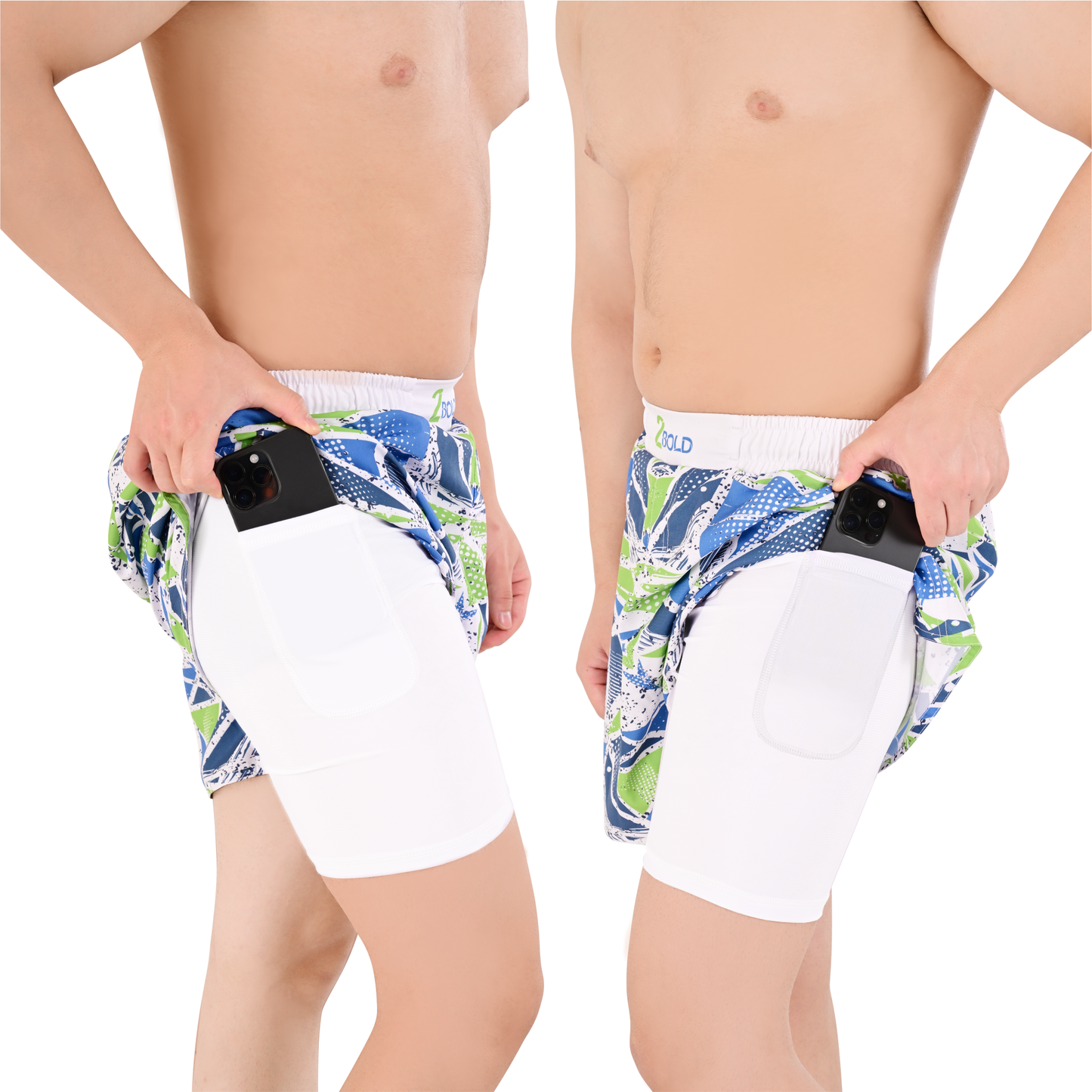 2BOLD Men’s Green White 2-in-1 Hybrid Training Shorts with Compression Liner & Phone Pockets –MMA, BJJ, Gym & Running Shorts