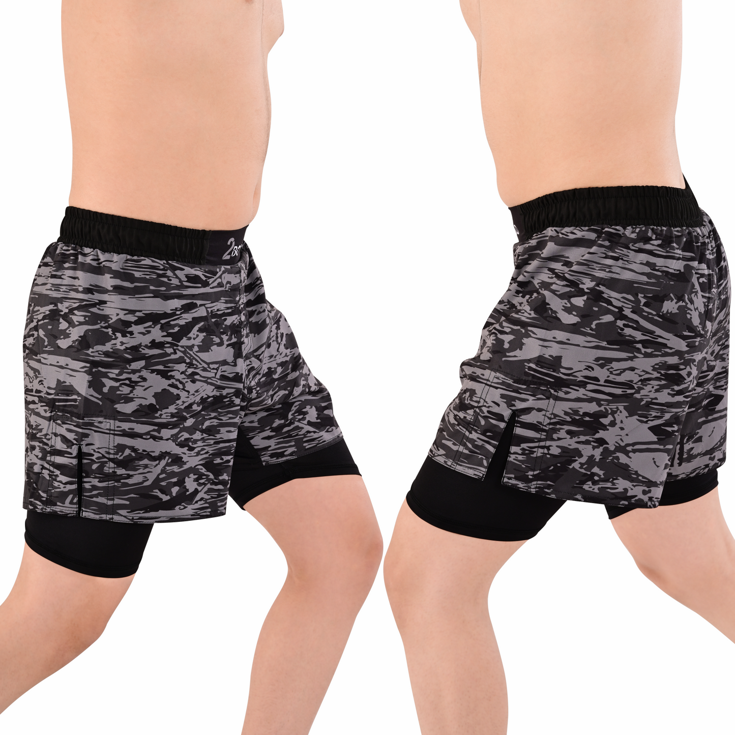 Men's Grey Camo Hybrid Training Shorts – 2-in-1 MMA, BJJ, Running, Gym, Yoga, Sports Shorts with Phone Pocket