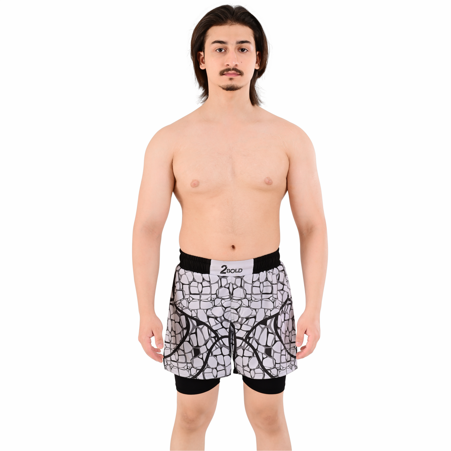 Men's Grey Grid Hybrid Training Shorts – 2-in-1 MMA, BJJ, Running, Gym, Yoga, Sports Shorts with Phone Pocket
