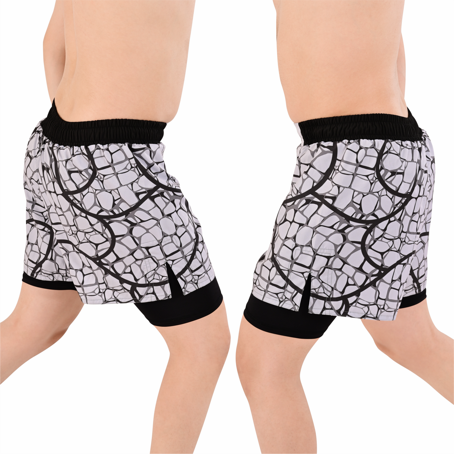 Men's Grey Grid Hybrid Training Shorts – 2-in-1 MMA, BJJ, Running, Gym, Yoga, Sports Shorts with Phone Pocket