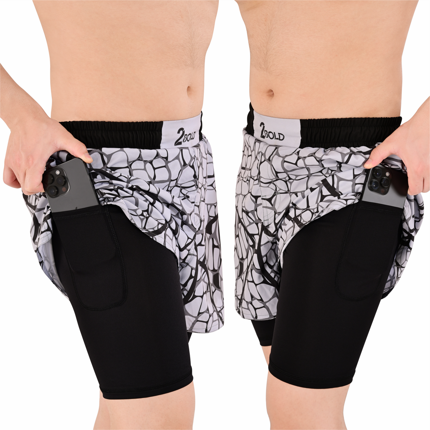 Men's Grey Grid Hybrid Training Shorts – 2-in-1 MMA, BJJ, Running, Gym, Yoga, Sports Shorts with Phone Pocket