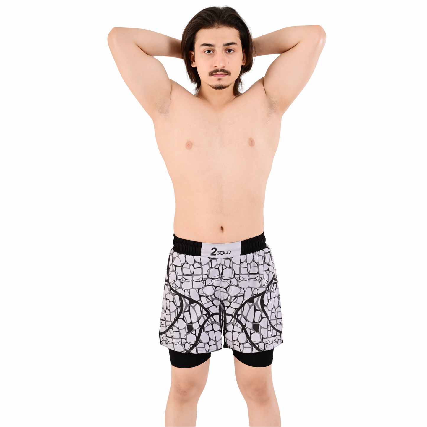 Men's Grey Grid Hybrid Training Shorts – 2-in-1 MMA, BJJ, Running, Gym, Yoga, Sports Shorts with Phone Pocket