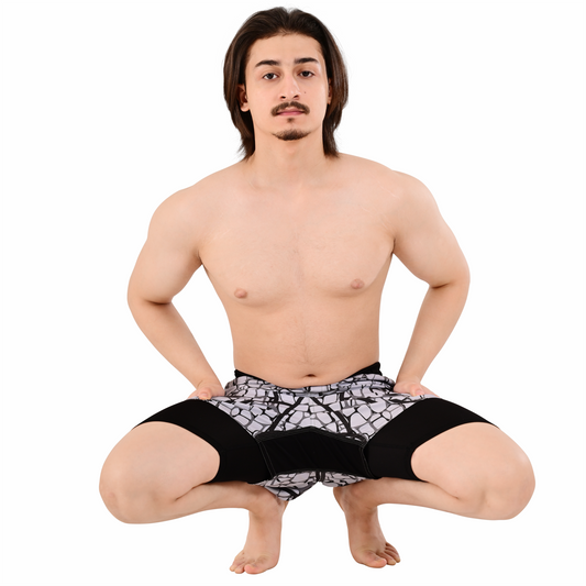 Men's Grey Grid Hybrid Training Shorts – 2-in-1 MMA, BJJ, Running, Gym, Yoga, Sports Shorts with Phone Pocket