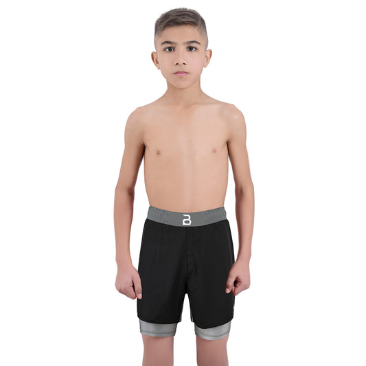 2BOLD Youth Grey Black Hybrid Athletic Shorts | Compression Lined Boys Sports Shorts