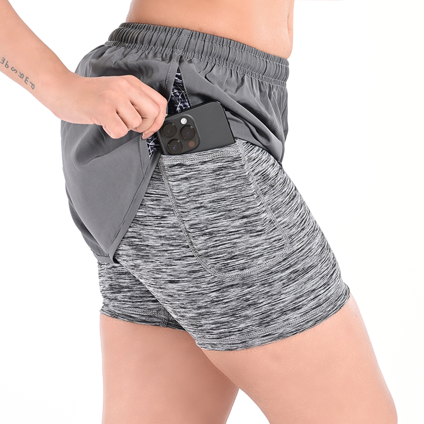 2Bold Gray Women’s 2-in-1 Running & MMA Training Shorts – Compression Liner With Phone Pockets