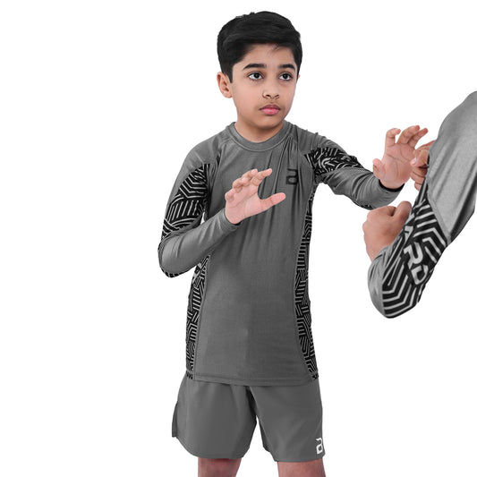 Kids BJJ Grey Rash Guard and MMA Shorts Set – Youth No-Gi Jiu Jitsu, Grappling, Training Gear