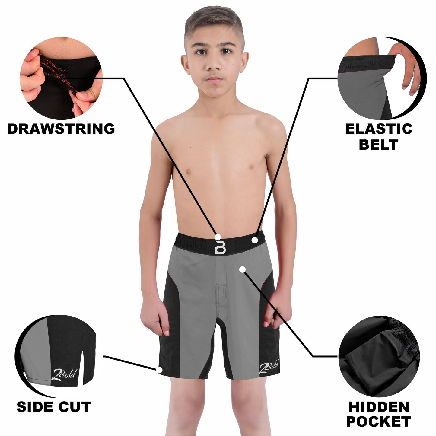 Youth Mma Grey\Black Shorts – Kids BJJ No-Gi Fight Shorts for Training & Competition
