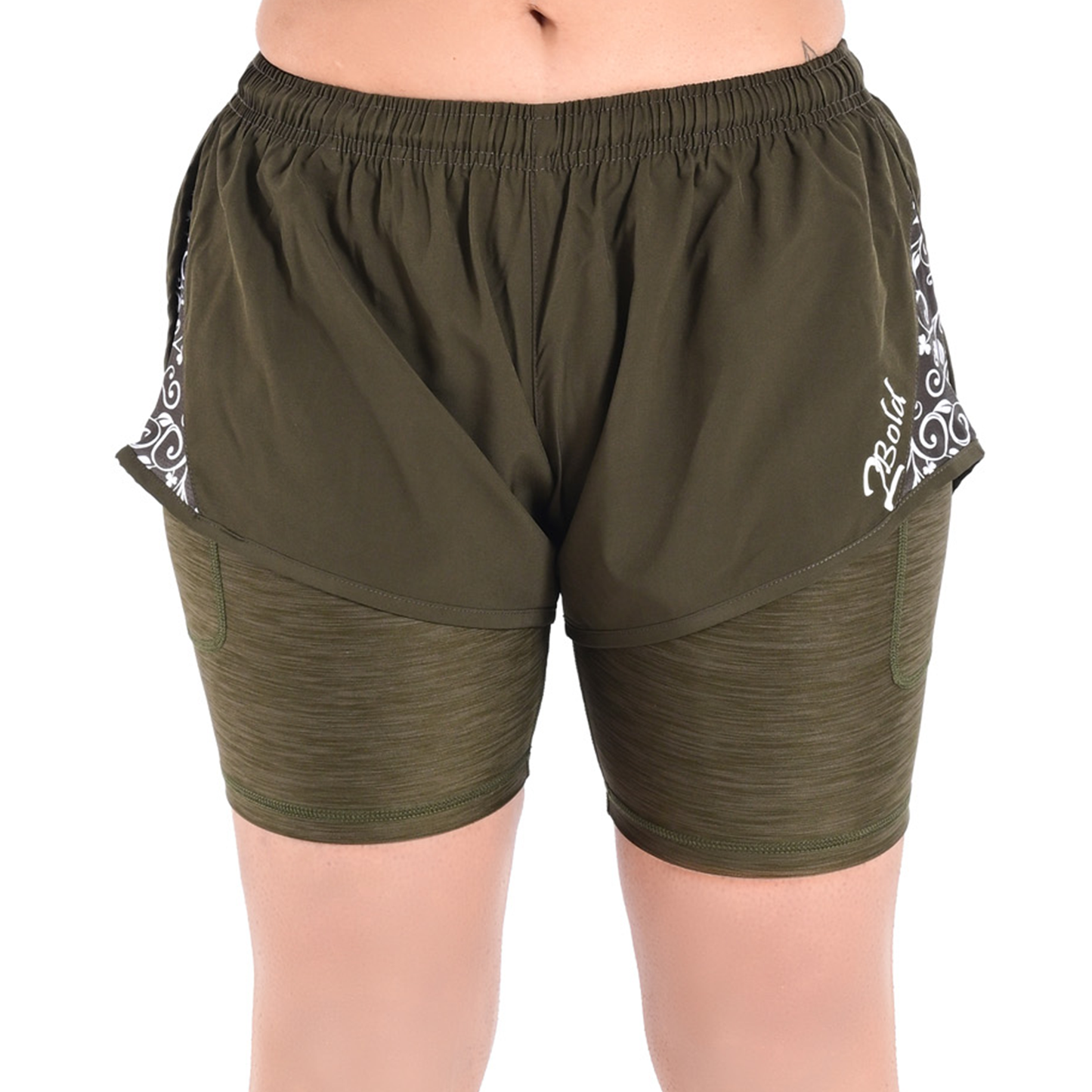 2Bold Green Women’s 2-in-1 Running & MMA Training Shorts – Compression Liner With Phone Pockets