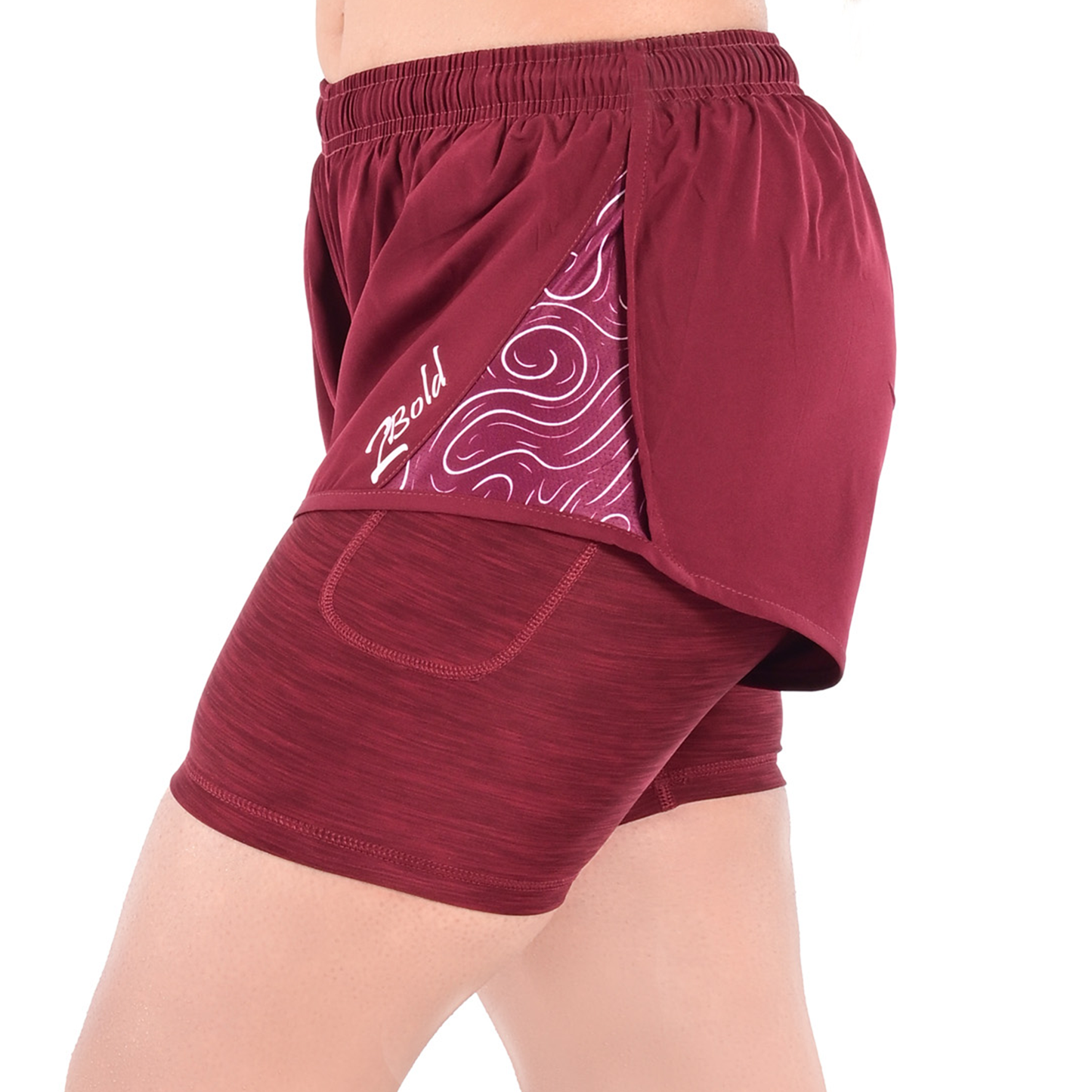 2Bold Burgundy Women’s 2-in-1 Running & MMA Training Shorts – Compression Liner With Phone Pockets