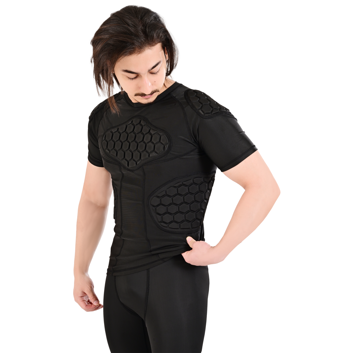 Adult Black Padded Compression Shirt for Football, Basketball, Lacrosse – Chest & Rib Protector for Combat Sports