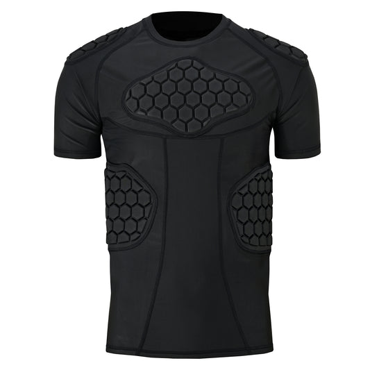 Adult Black Padded Compression Shirt for Football, Basketball, Lacrosse – Chest & Rib Protector for Combat Sports