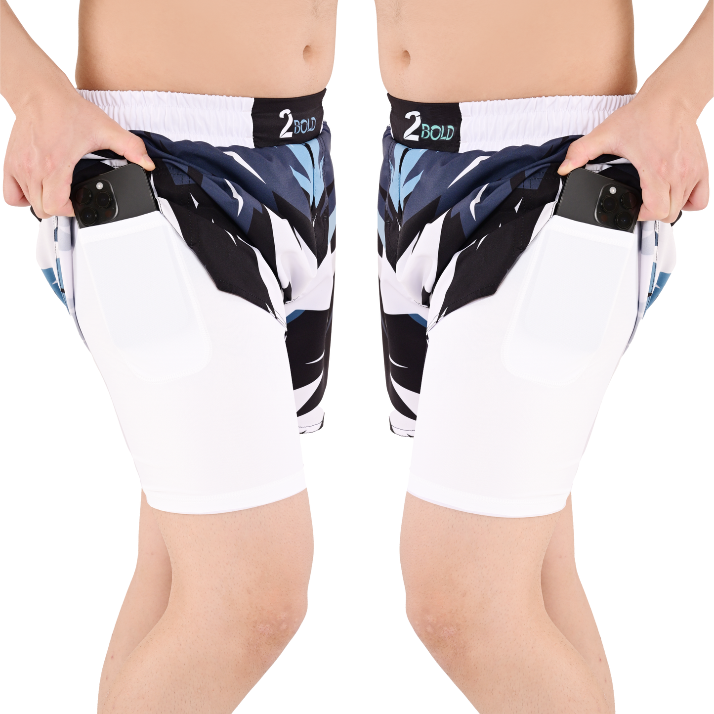 2Bold Men's Navy Blue Hybrid Training Shorts – 2-in-1 MMA, BJJ, Running, Gym, Yoga, Sports Shorts with Phone Pocket