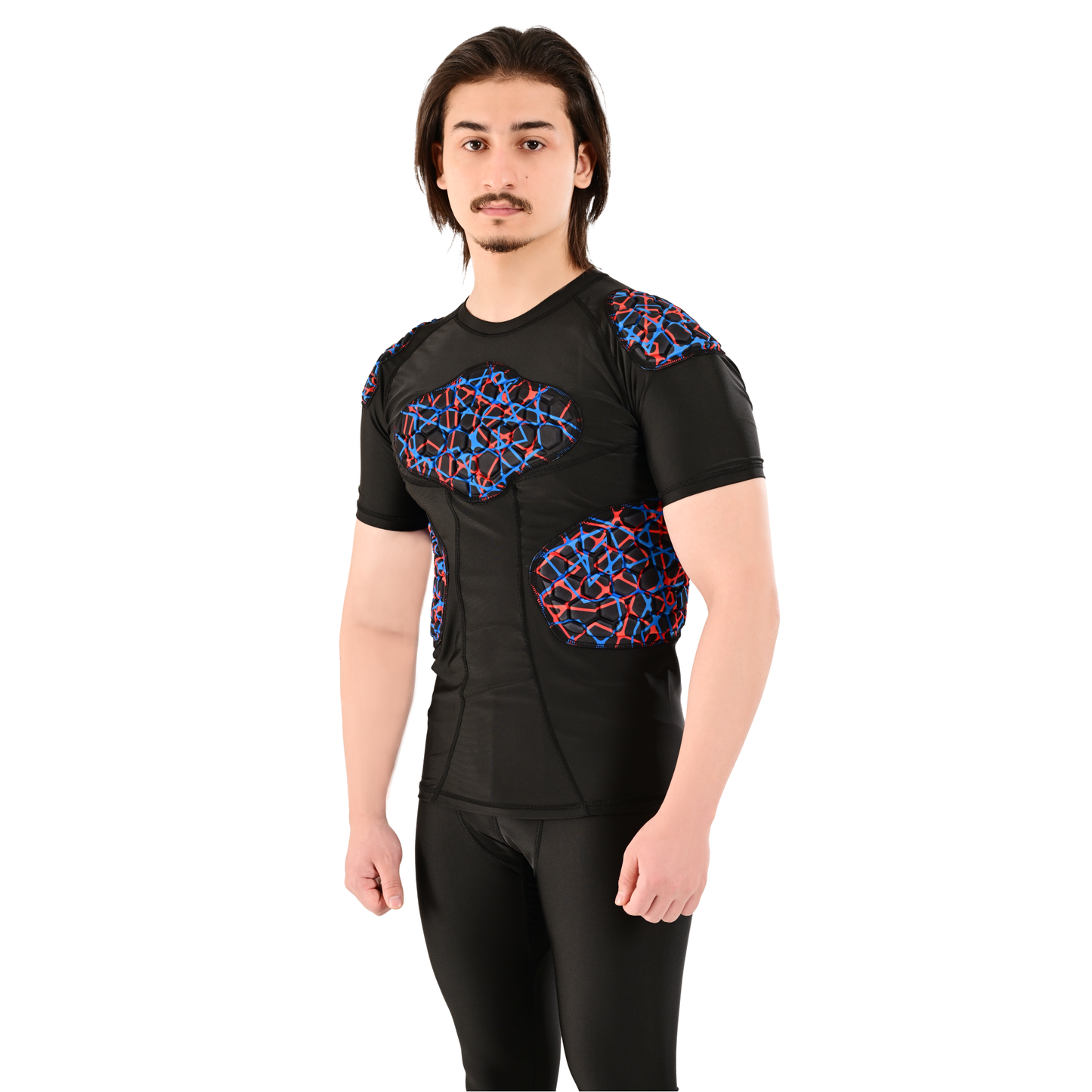 Adult Blue Red Blue Combat Sports Padded Compression Shirt for Football, Basketball, Lacrosse – Chest & Rib Protector for Combat Sports