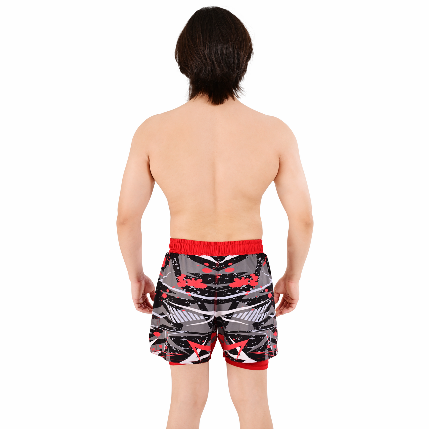 Men's Red Grey Hybrid Training Shorts – 2-in-1 MMA, BJJ, Running, Gym, Yoga, Sports Shorts with Phone Pocket