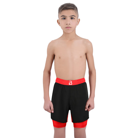 2BOLD Youth Red Black Hybrid Athletic Shorts | Compression Lined Boys Sports Shorts