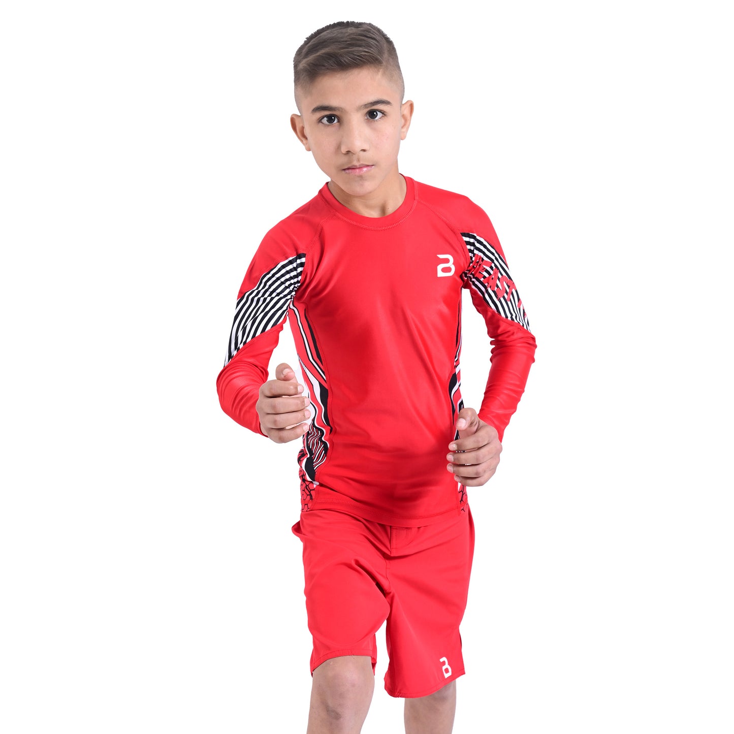 Kids Red BJJ Rash Guard and MMA Shorts Set – Youth No-Gi Jiu Jitsu, Grappling, Training Gear