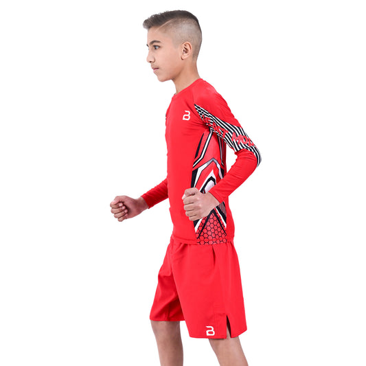 Kids Red BJJ Rash Guard and MMA Shorts Set – Youth No-Gi Jiu Jitsu, Grappling, Training Gear
