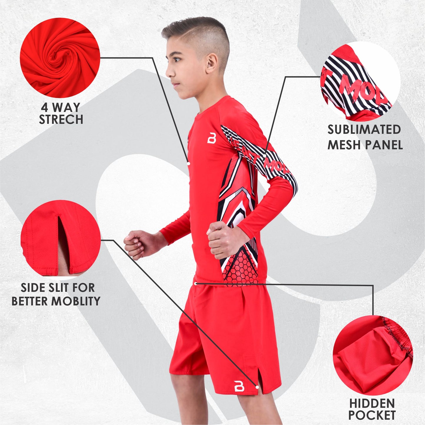 Kids Red BJJ Rash Guard and MMA Shorts Set – Youth No-Gi Jiu Jitsu, Grappling, Training Gear