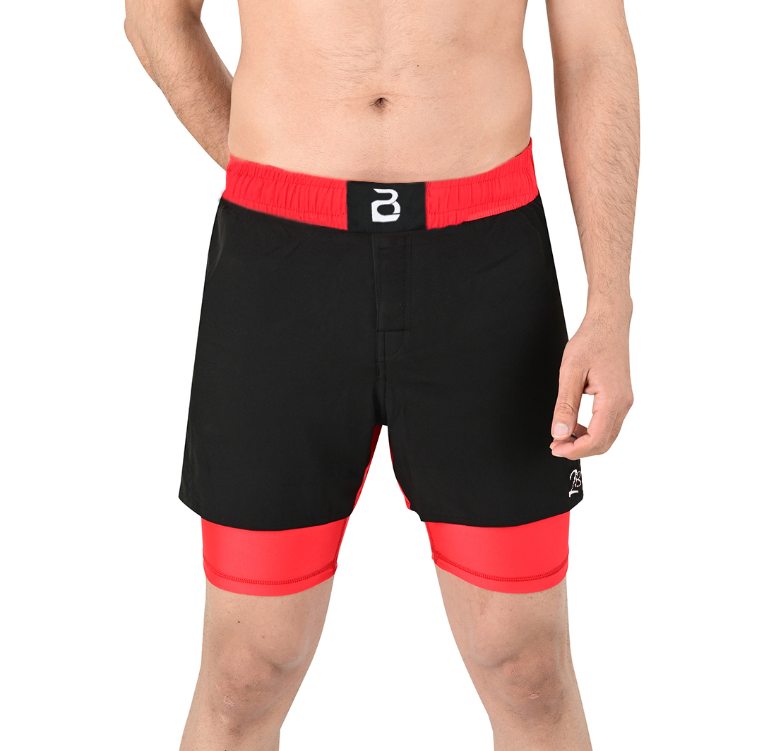 2BOLD Men’s Red Black Compression Lined Workout Shorts – MMA, Gym, Running