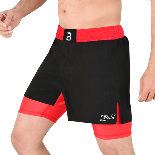 2BOLD Men’s Red Black Compression Lined Workout Shorts – MMA, Gym, Running