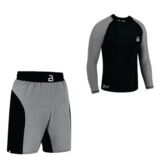 Kids BJJ Black-Grey Rash Guard and MMA Shorts Set