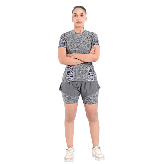 2Bold Grey Women’s MMA Rash Guard and Shorts Set – BJJ, No-Gi, Grappling, Jiu-Jitsu, Muay Thai, Training & Workout Gear