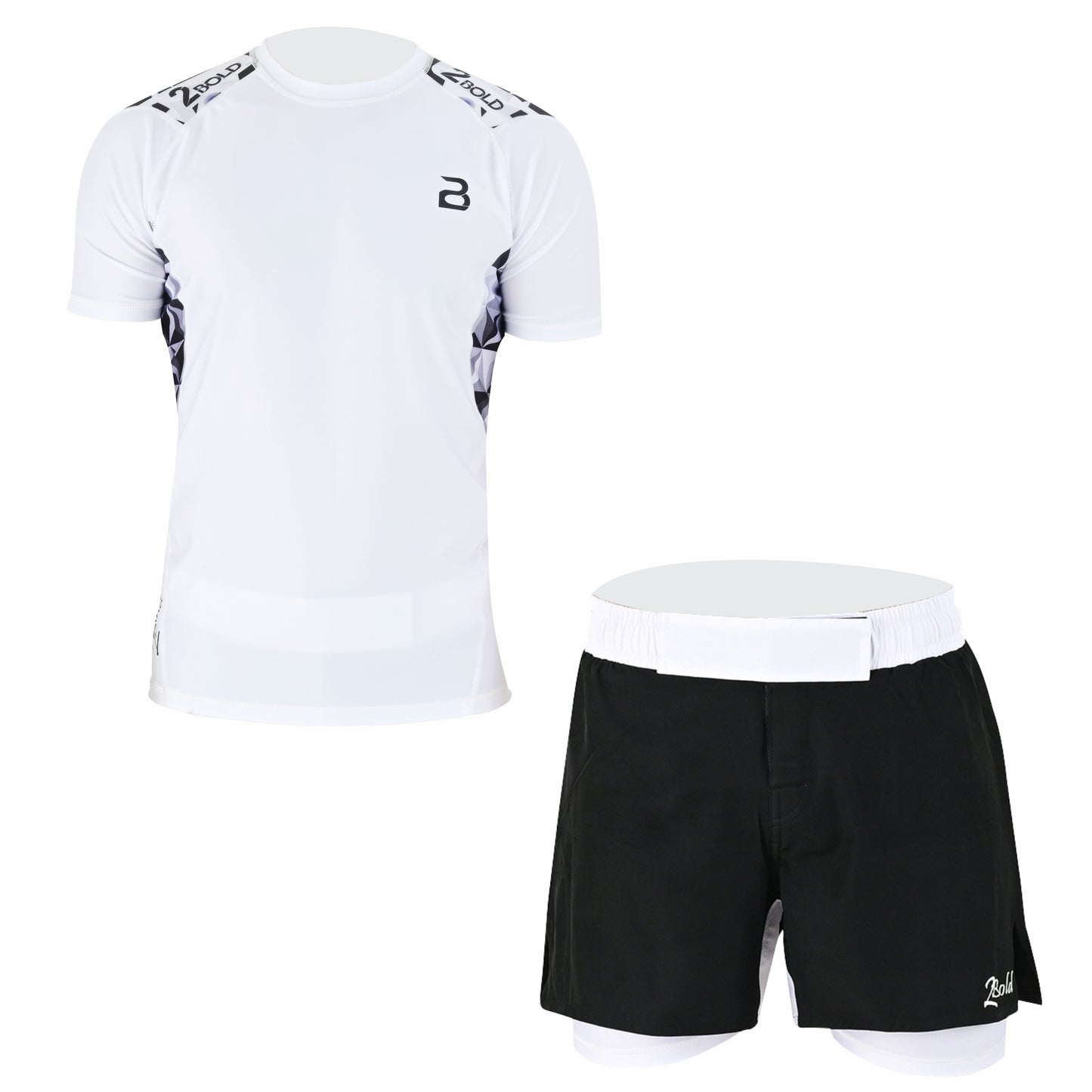 2Bold Men’s White BJJ Rash Guard and MMA Shorts Set – Jiujitsu, Grappling, Kickboxing Training Gear