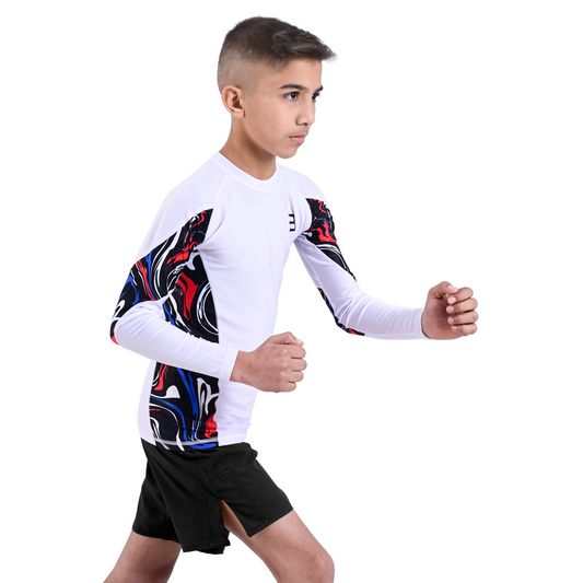 Kids White BJJ Rash Guard and MMA Shorts Set – Youth No-Gi Jiu Jitsu, Grappling, Training Gear