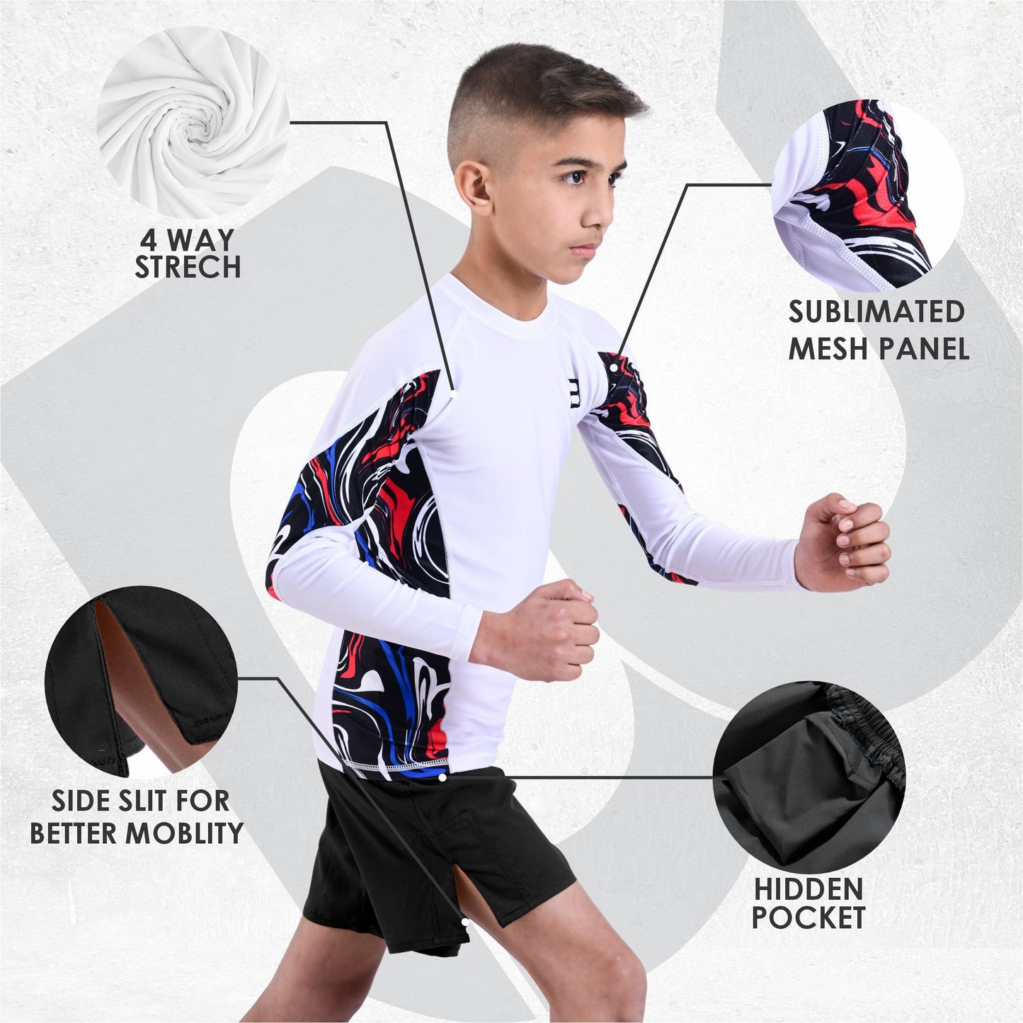 Kids White BJJ Rash Guard and MMA Shorts Set – Youth No-Gi Jiu Jitsu, Grappling, Training Gear
