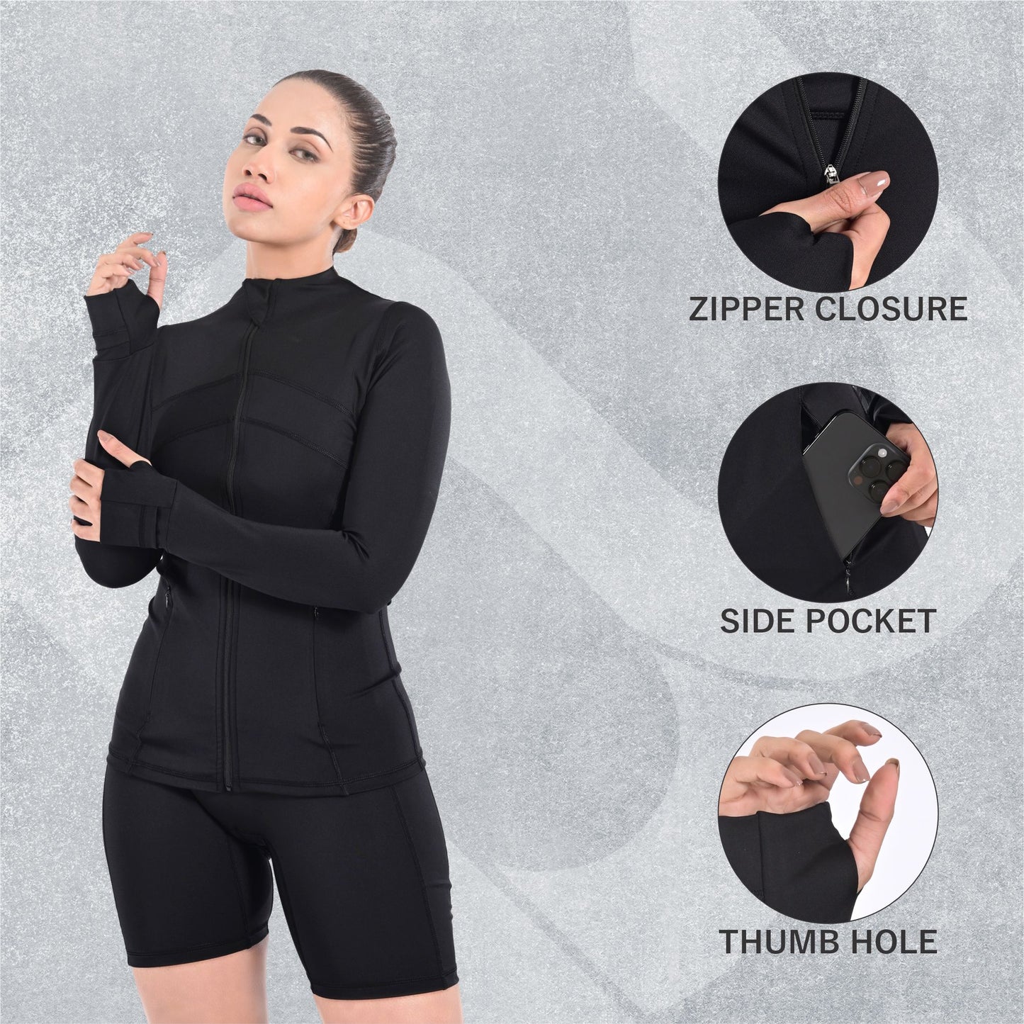 Women’s Workout Zip-Up Jacket – Lightweight Athletic Jacket with Zipper Pockets, Thumb Holes & Moisture-Wicking Fabric