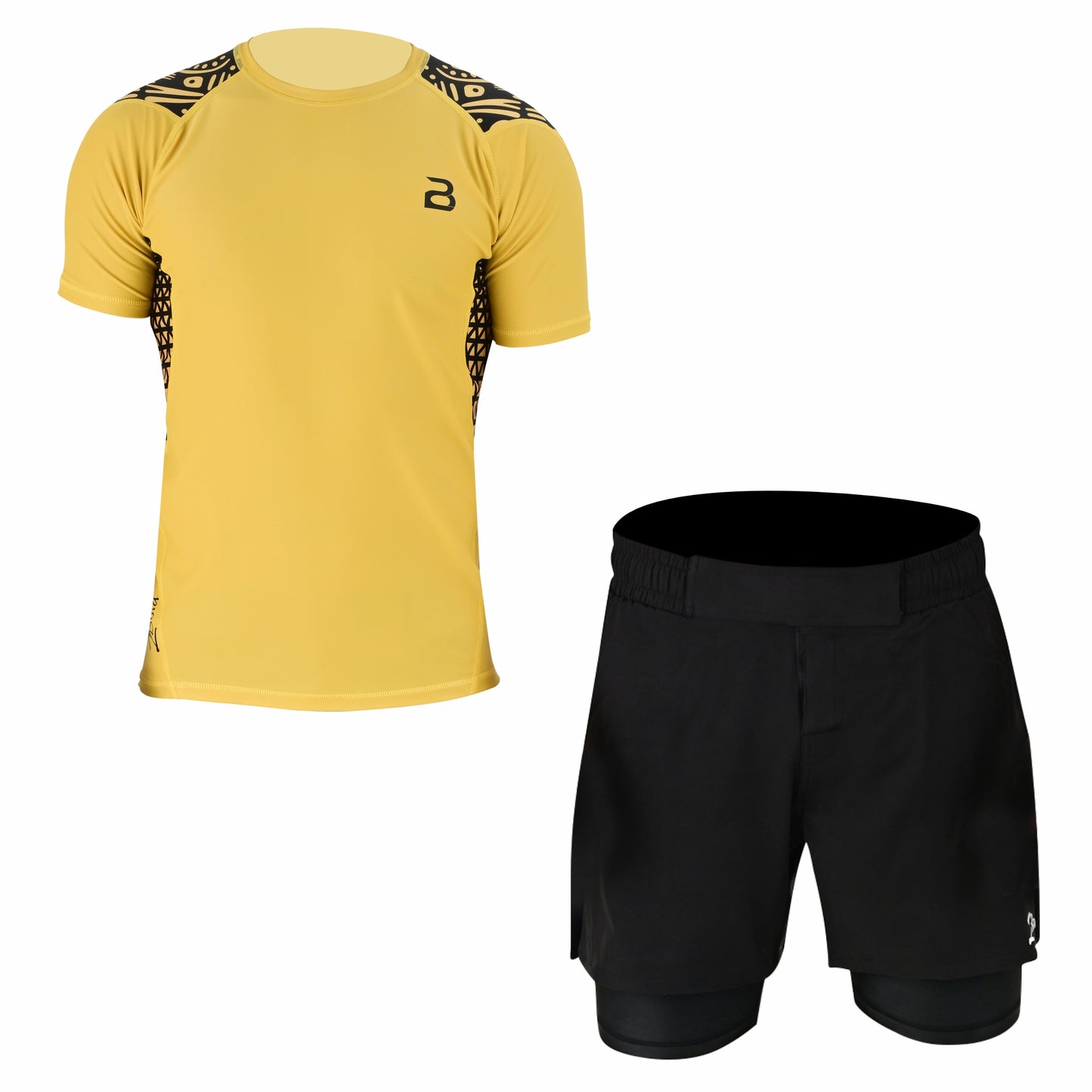 2Bold Men’s Yellow BJJ Rash Guard and MMA Shorts Set – Jiujitsu, Grappling, Kickboxing Training Gear