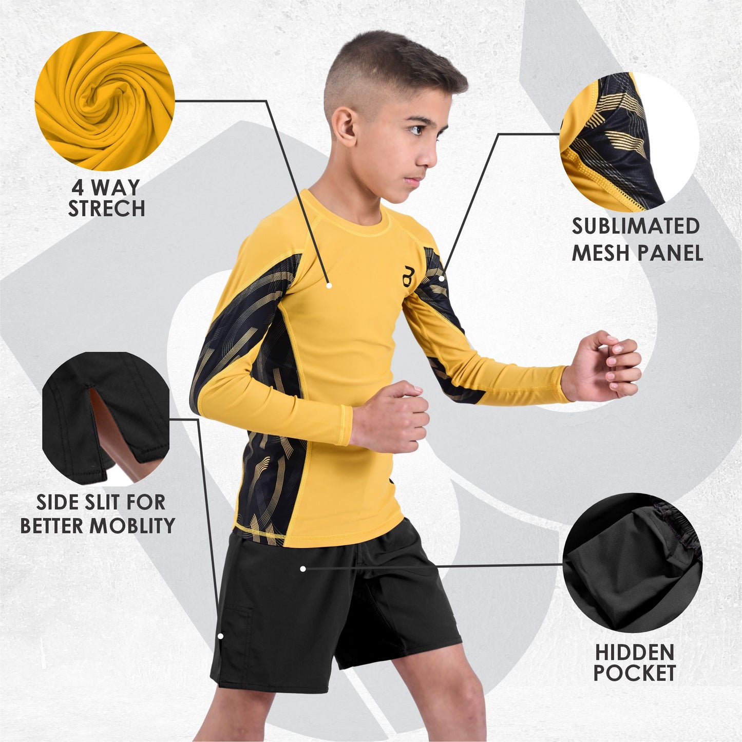 Kids Yellow BJJ Rash Guard and MMA Shorts Set – Youth No-Gi Jiu Jitsu, Grappling, Training Gear