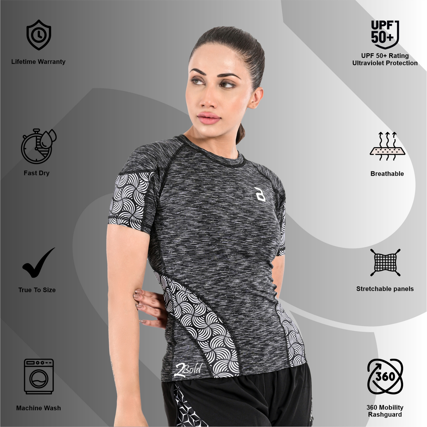 2Bold Grey Black Women’s Rash Guard –Long Sleeve Compression Shirt for MMA, BJJ, Yoga, Surf, Running & Gym Training Women Half sleeve Rash guard