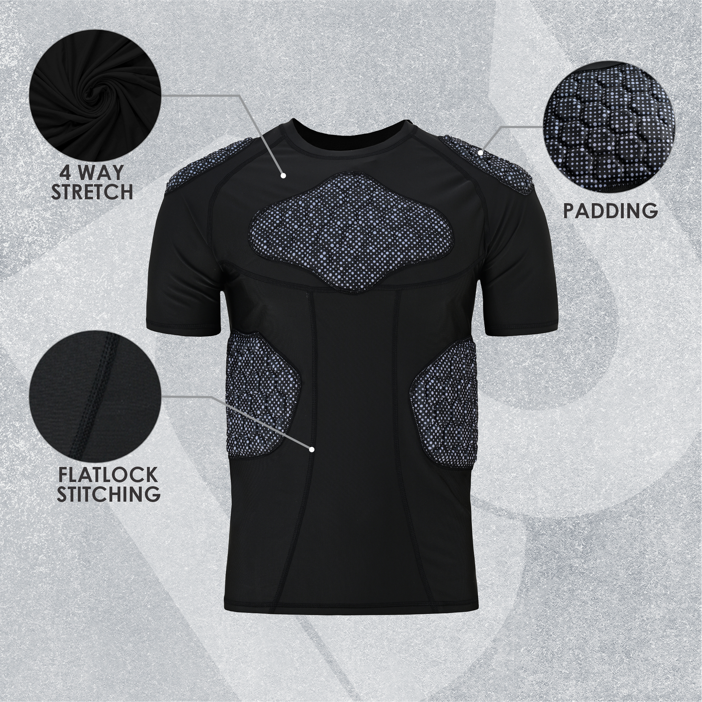 Adult Grey Black Combat Sports Padded Compression Shirt for Football, Basketball, Lacrosse – Chest & Rib Protector for Combat Sports