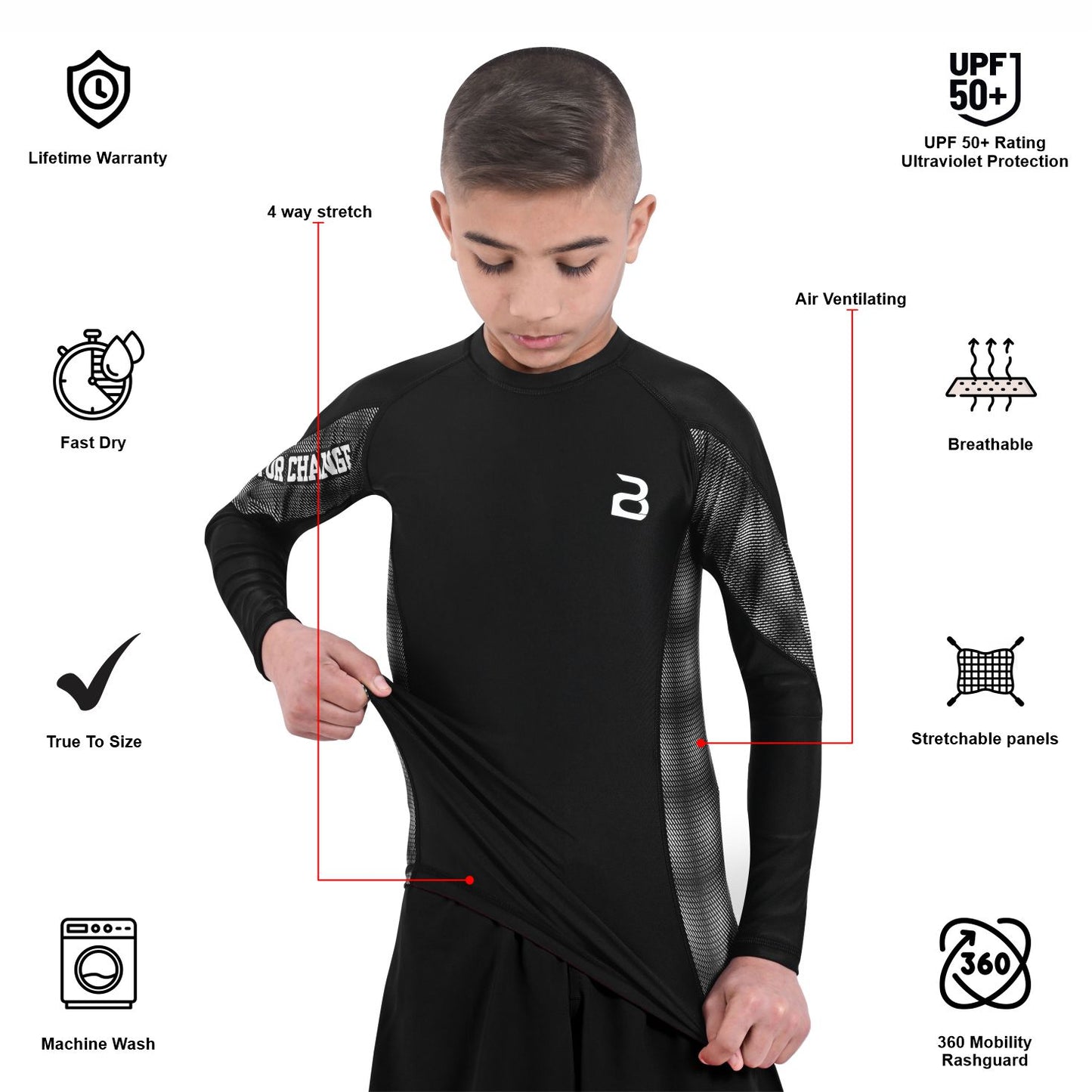 2Bold Black Kids BJJ Rash Guard - Youth No-Gi MMA Grappling Compression Shirt