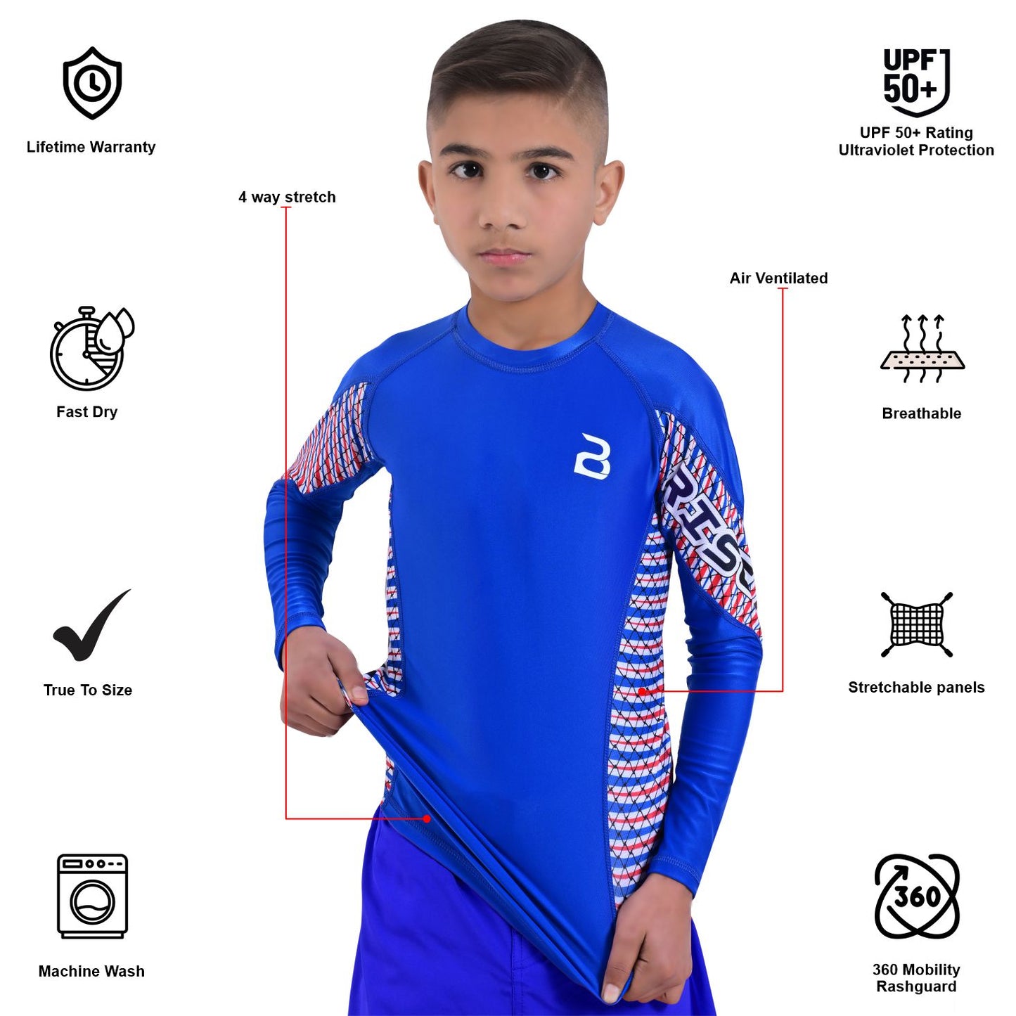 2Bold Blue Kids BJJ Rash Guard - Youth No-Gi MMA Grappling Compression Shirt