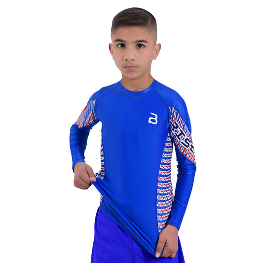 2Bold Blue Kids BJJ Rash Guard - Youth No-Gi MMA Grappling Compression Shirt