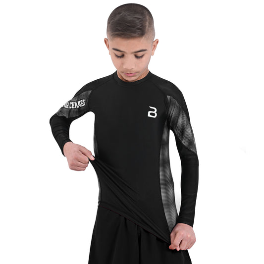 2Bold Black Kids BJJ Rash Guard - Youth No-Gi MMA Grappling Compression Shirt