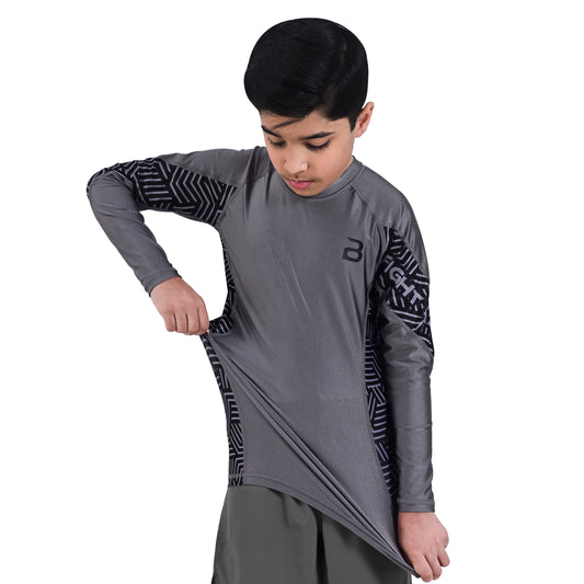 2Bold Grey Kids BJJ Rash Guard - Youth No-Gi MMA Grappling Compression Shirt