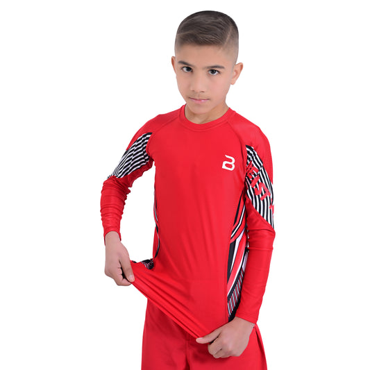 2Bold Red Kids BJJ Rash Guard - Youth No-Gi MMA Grappling Compression Shirt