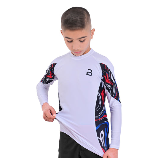 2Bold White Kids BJJ Rash Guard - Youth No-Gi MMA Grappling Compression Shirt
