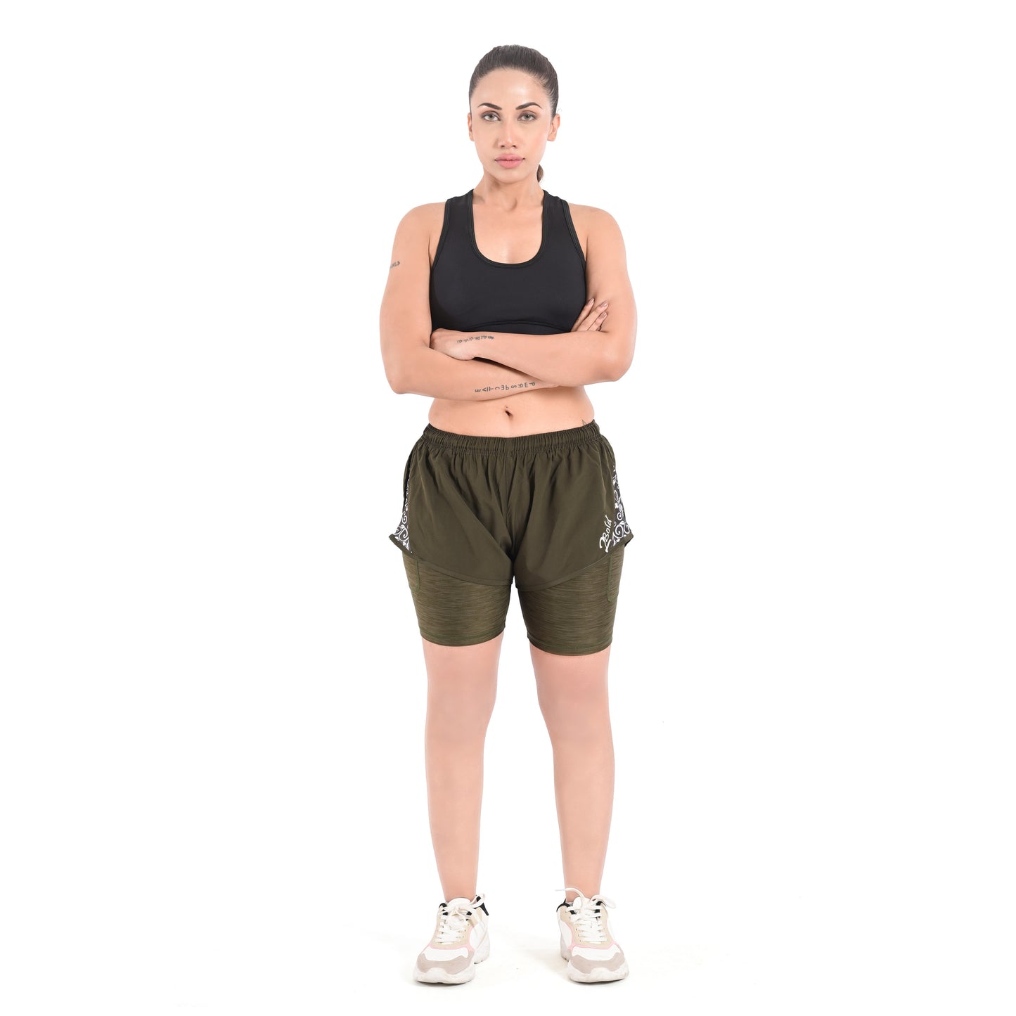 2Bold Green Women’s 2-in-1 Running & MMA Training Shorts – Compression Liner With Phone Pockets