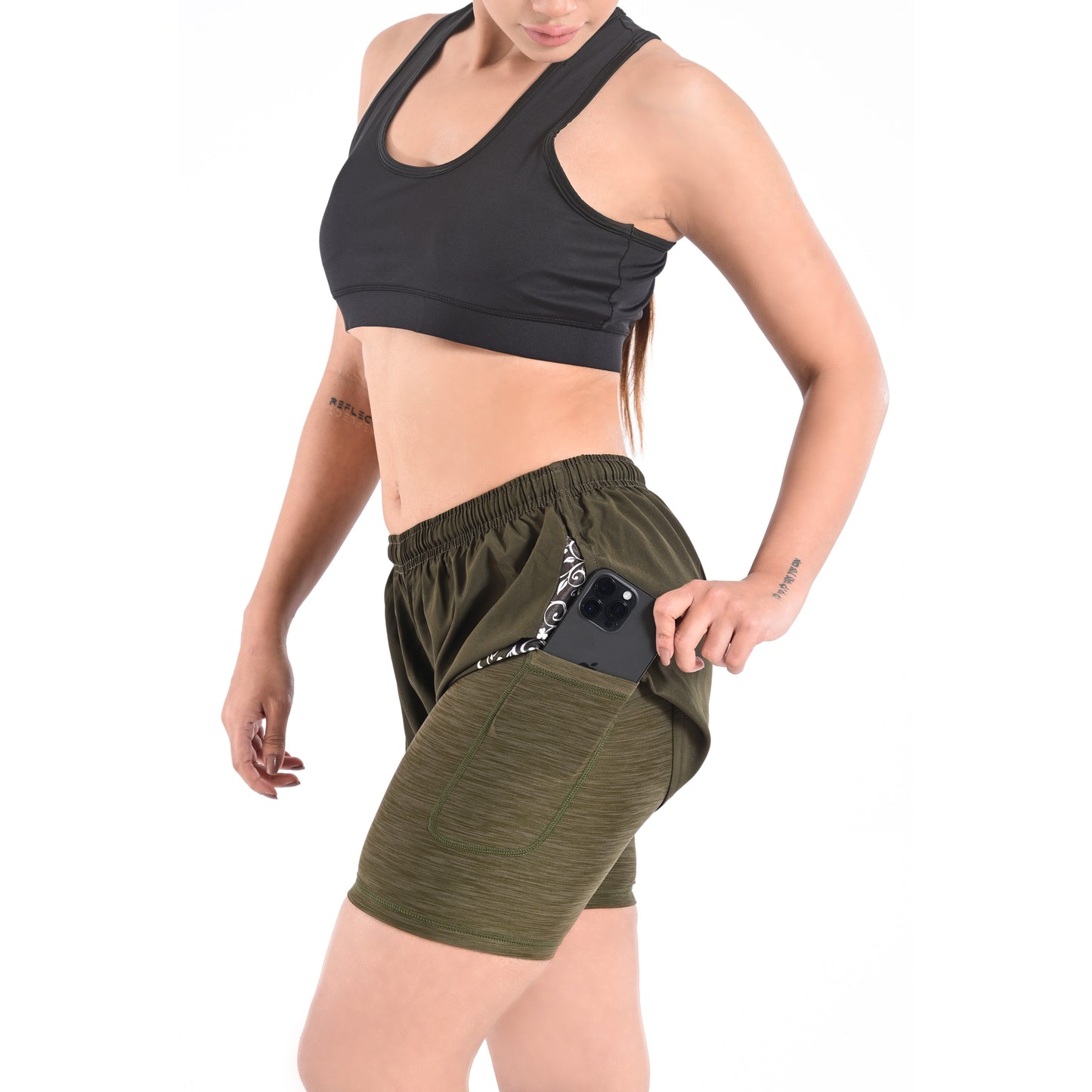 2Bold Green Women’s 2-in-1 Running & MMA Training Shorts – Compression Liner With Phone Pockets