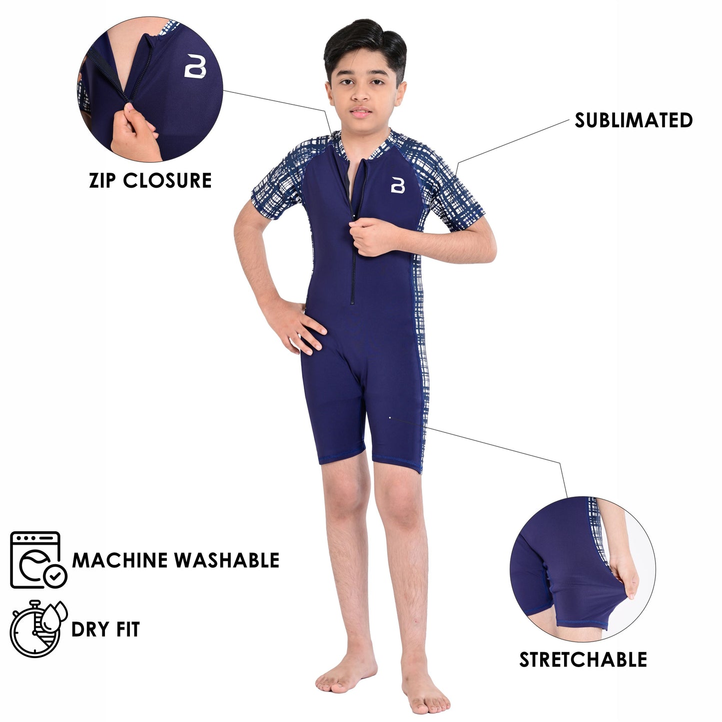 2Bold Blue Kids Swim Suit with Zipper – Quick-Dry UV Swim Shirt for Boys & Girls