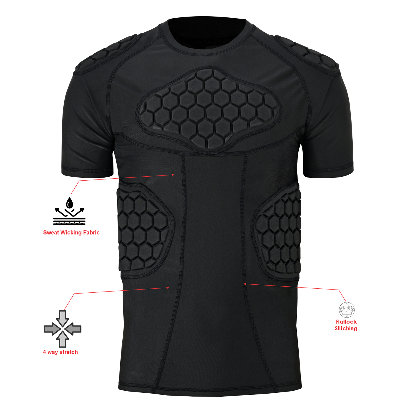 Adult Black Padded Compression Shirt for Football, Basketball, Lacrosse – Chest & Rib Protector for Combat Sports