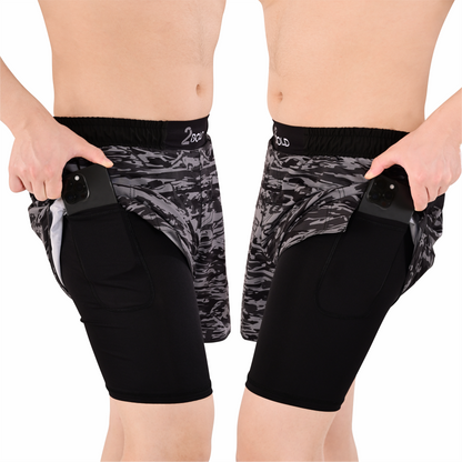 Men's Grey Camo Hybrid Training Shorts – 2-in-1 MMA, BJJ, Running, Gym, Yoga, Sports Shorts with Phone Pocket